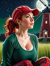 A 42 year old woman with red hair and white streaks stands near a windmill under the bright moonlight