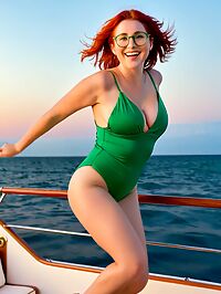 A petite redhead in a green backless gown sizzles on the evening yacht with curves