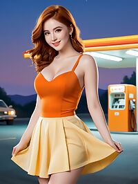 Auburn haired woman in a backless orange dress stands at a gas pump under neon lights