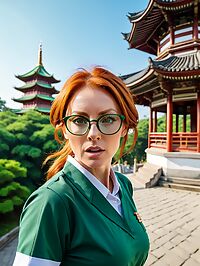 A woman in her forties wearing a green school uniform and round glasses