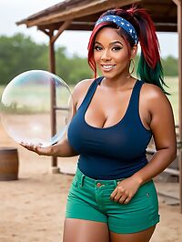 A curvy 42 year old woman with ombre hair and dark blue eyes wears a tank top and shorts